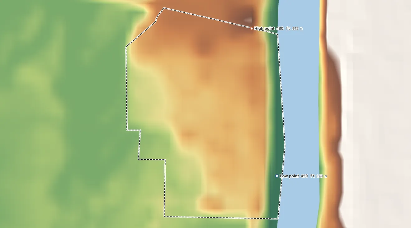 Topographic elevation map of Dresser, Indiana, shaded from 450 ft on the southeast side to 480 ft on the north side