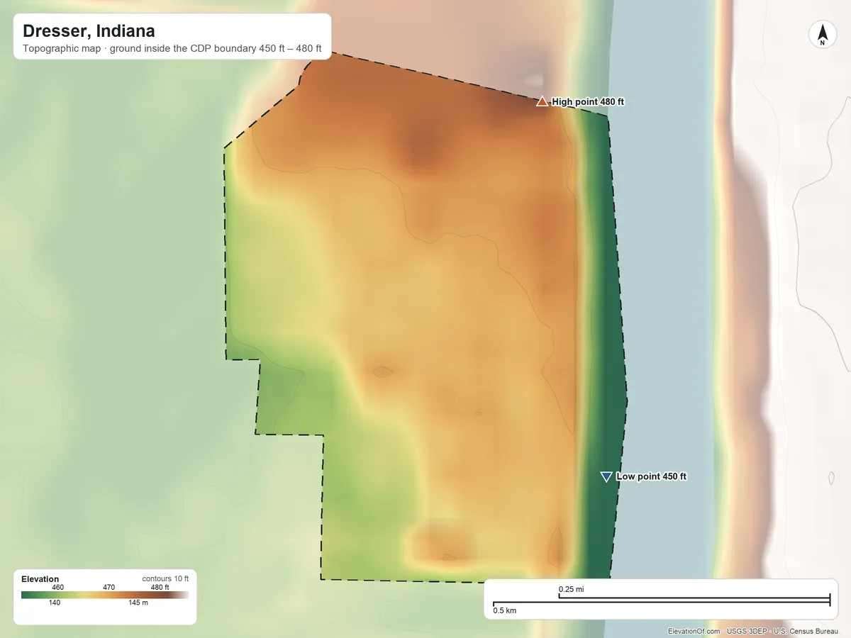 Topographic elevation map of Dresser, Indiana, shaded from 450 ft on the southeast side to 480 ft on the north side