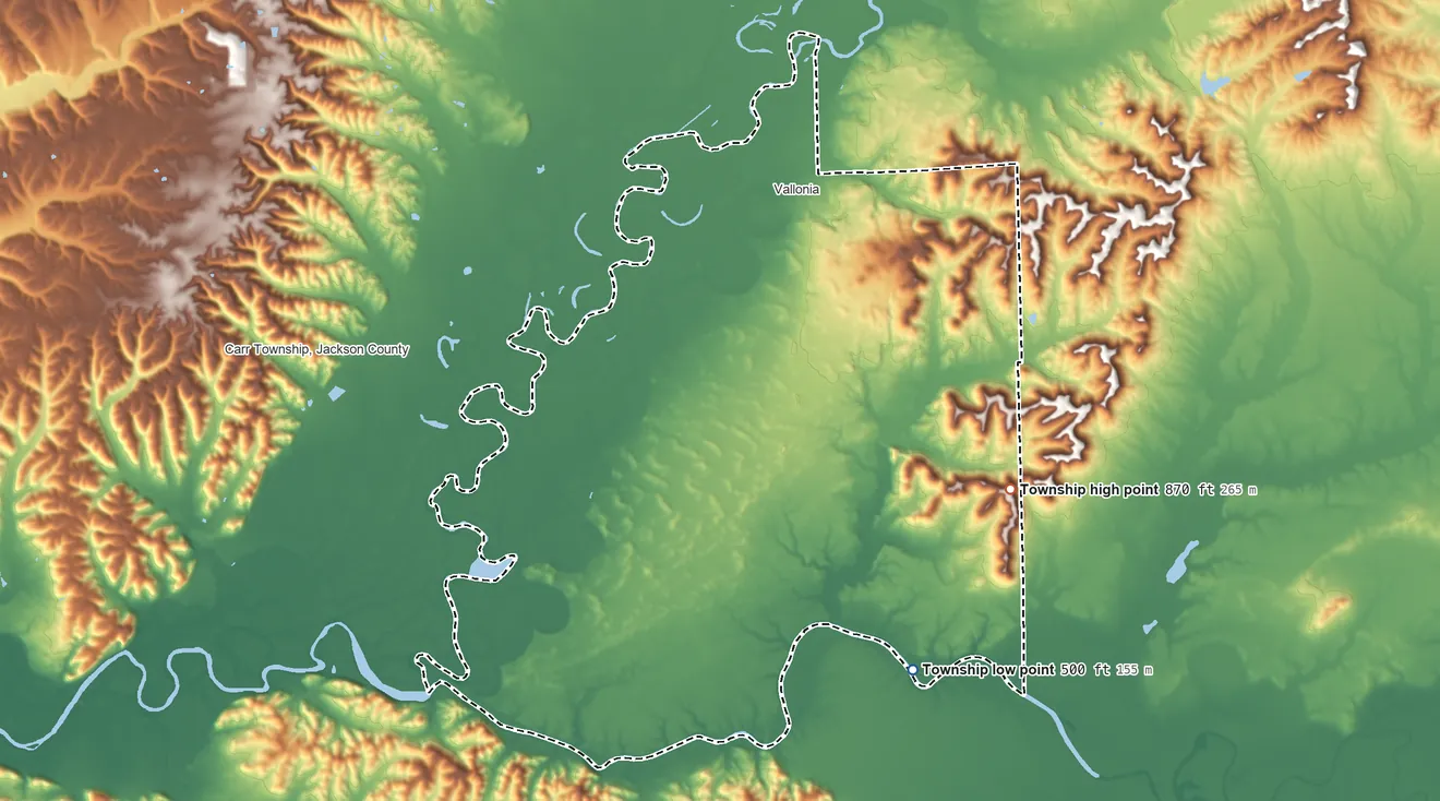 Topographic elevation map of Driftwood Township, Indiana, shaded from 500 ft on the south side to 870 ft on the southeast side