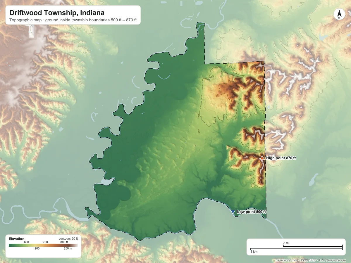 Topographic elevation map of Driftwood Township, Indiana, shaded from 500 ft on the south side to 870 ft on the southeast side