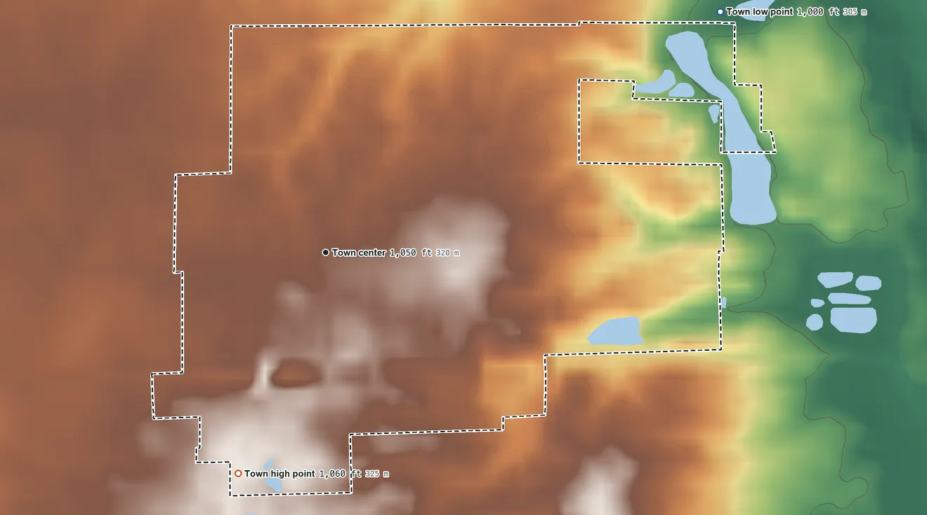 Topographic elevation map of Dublin, Indiana, shaded from 1,000 ft on the northeast side to 1,060 ft on the south side