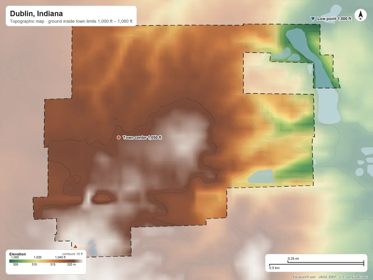 Topographic elevation map of Dublin, Indiana, shaded from 1,000 ft on the northeast side to 1,060 ft on the south side