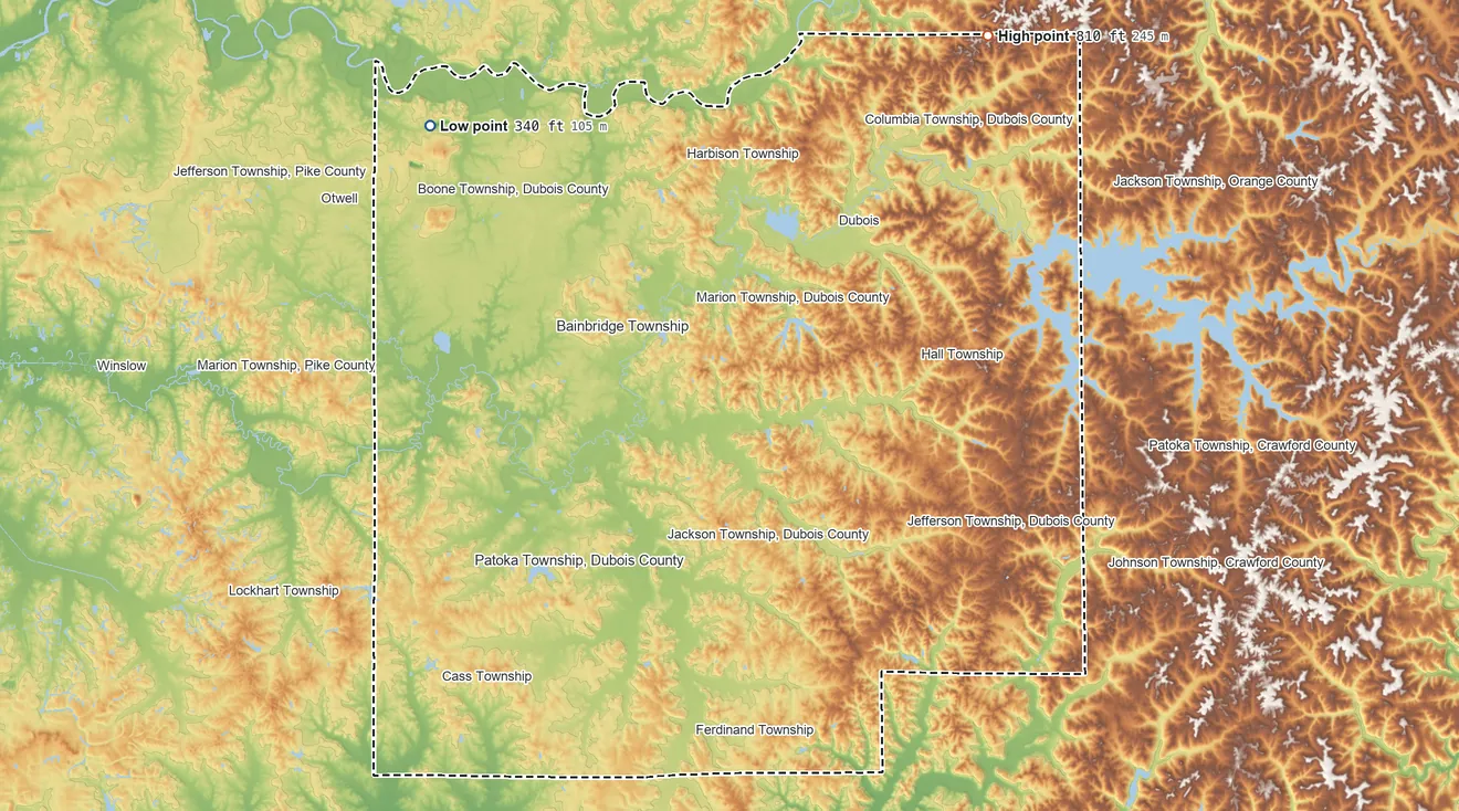 Topographic elevation map of Dubois County, Indiana, shaded from 340 ft on the northwest side to 810 ft on the northeast side