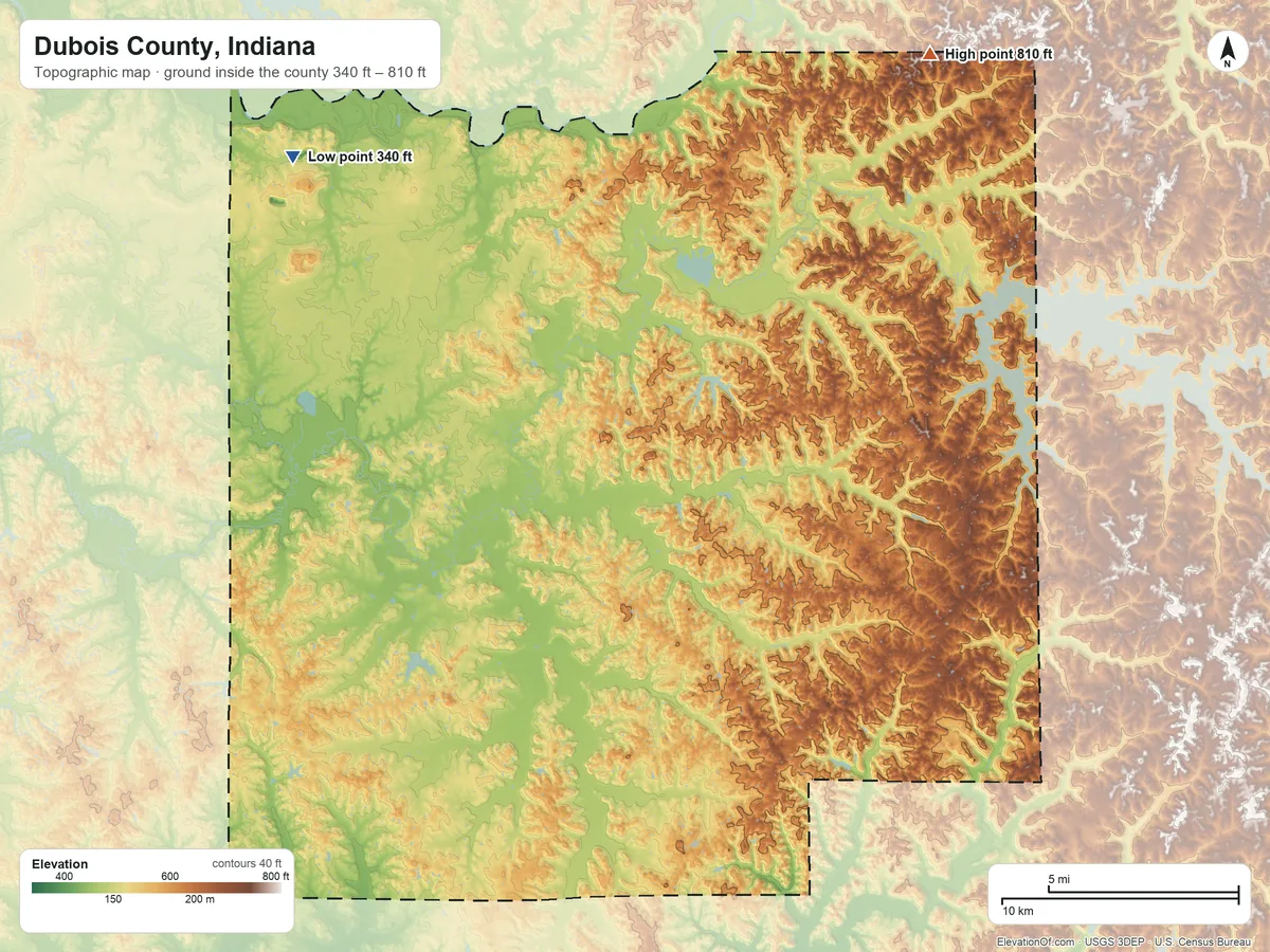 Topographic elevation map of Dubois County, Indiana, shaded from 340 ft on the northwest side to 810 ft on the northeast side