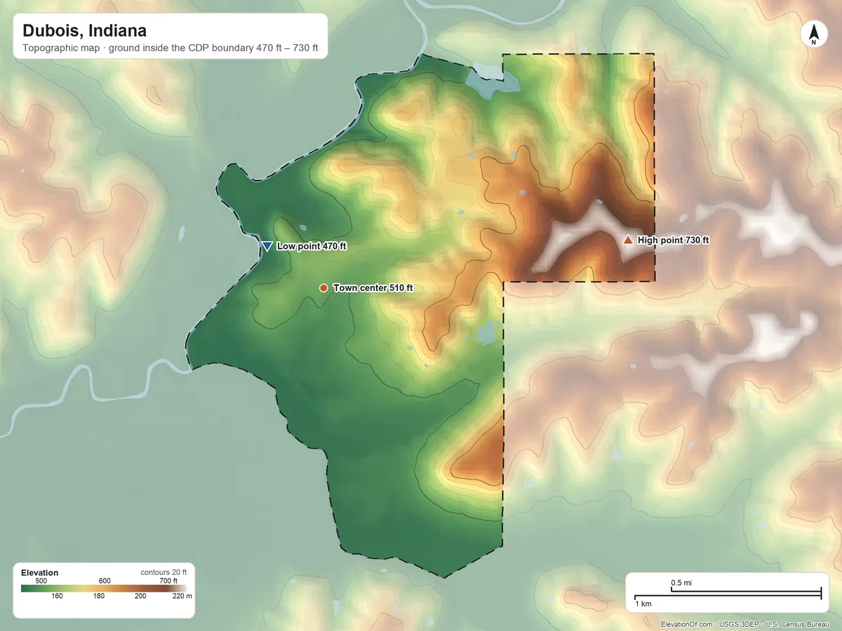 Topographic elevation map of Dubois, Indiana, shaded from 470 ft near the middle to 730 ft on the east side