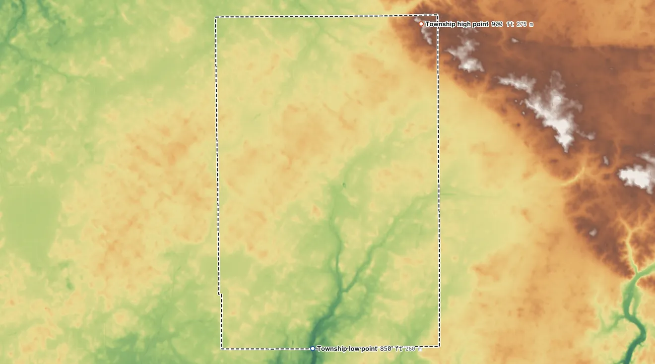 Topographic elevation map of Duck Creek Township, Indiana, shaded from 850 ft on the south side to 900 ft on the northeast side
