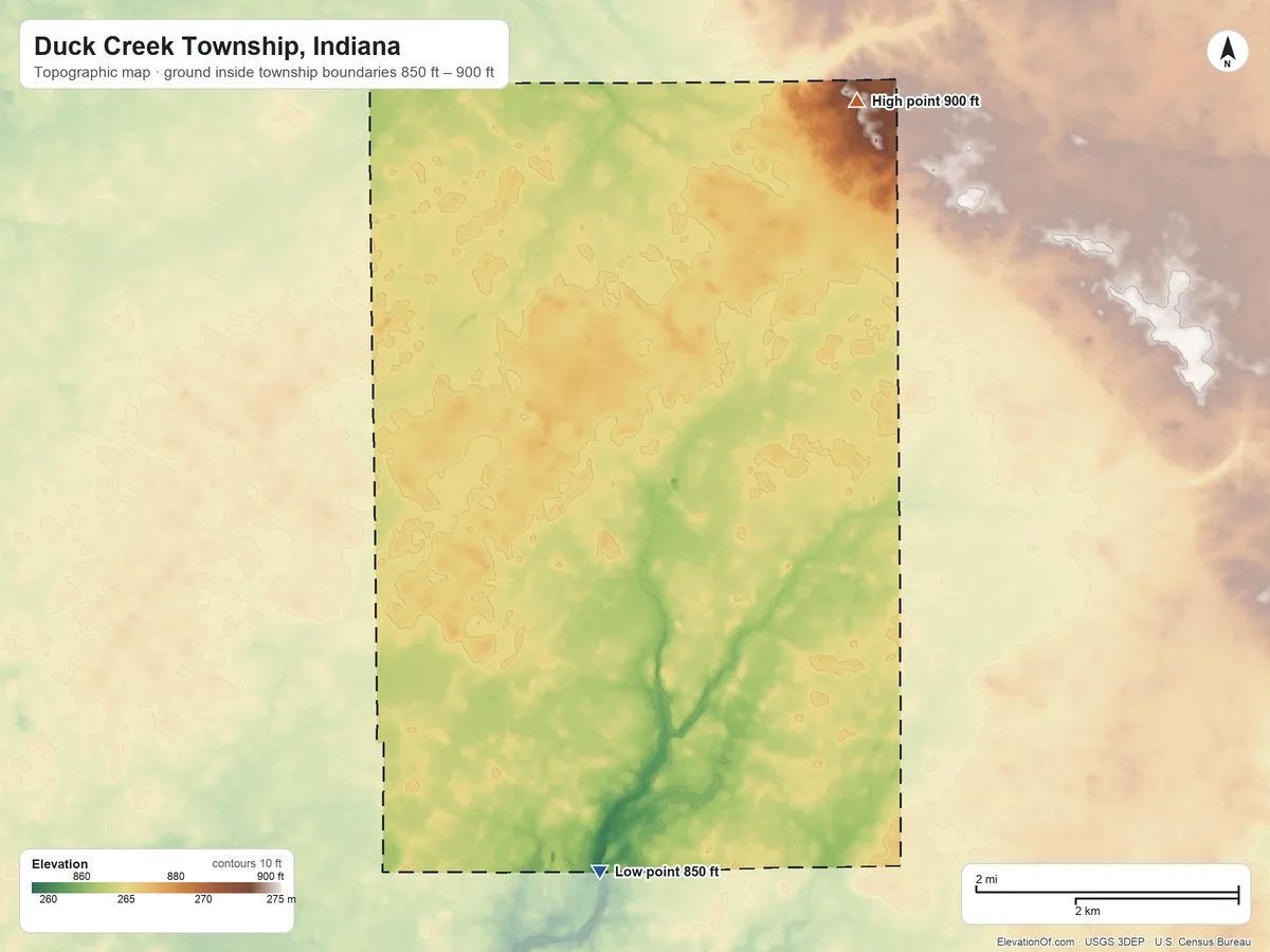 Topographic elevation map of Duck Creek Township, Indiana, shaded from 850 ft on the south side to 900 ft on the northeast side