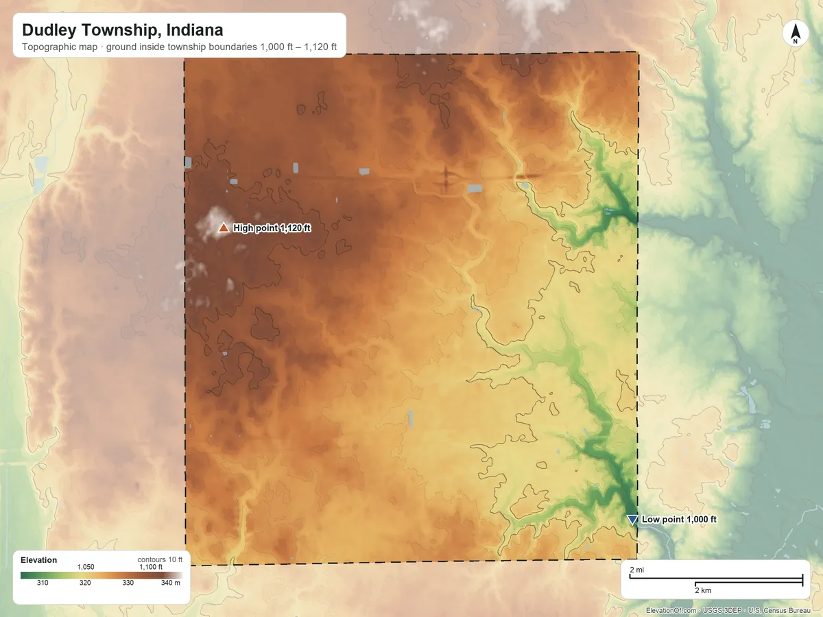 Topographic elevation map of Dudley Township, Indiana, shaded from 1,000 ft on the southeast side to 1,120 ft on the northwest side