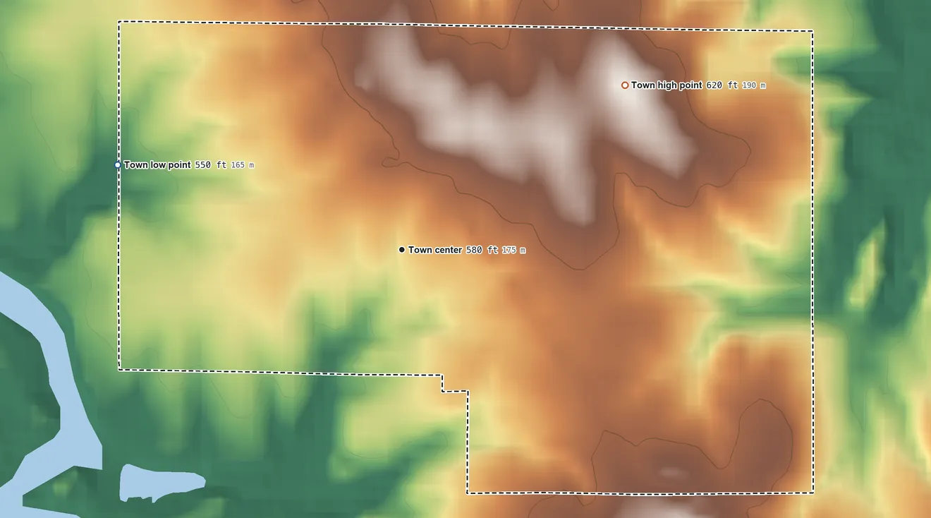 Topographic elevation map of Dugger, Indiana, shaded from 550 ft on the west side to 620 ft on the northeast side