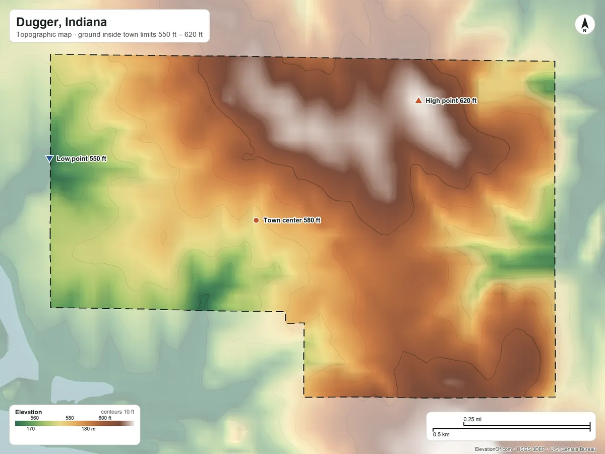 Topographic elevation map of Dugger, Indiana, shaded from 550 ft on the west side to 620 ft on the northeast side