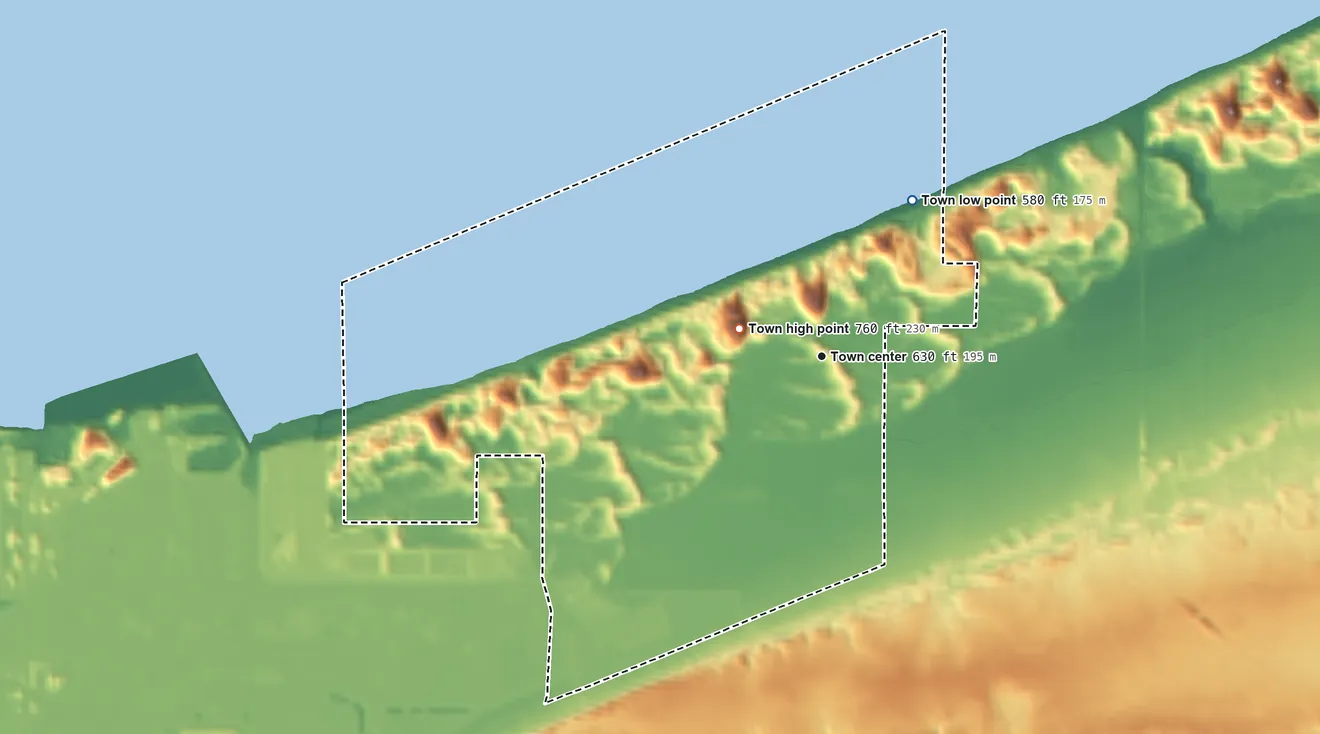 Topographic elevation map of Dune Acres, Indiana, shaded from 580 ft on the northeast side to 760 ft near the middle