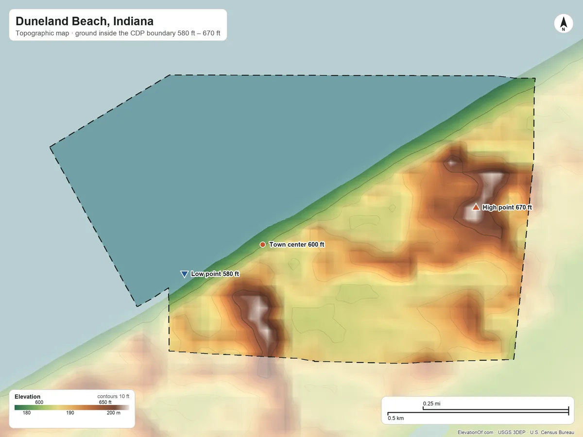 Topographic elevation map of Duneland Beach, Indiana, shaded from 580 ft on the west side to 670 ft on the east side