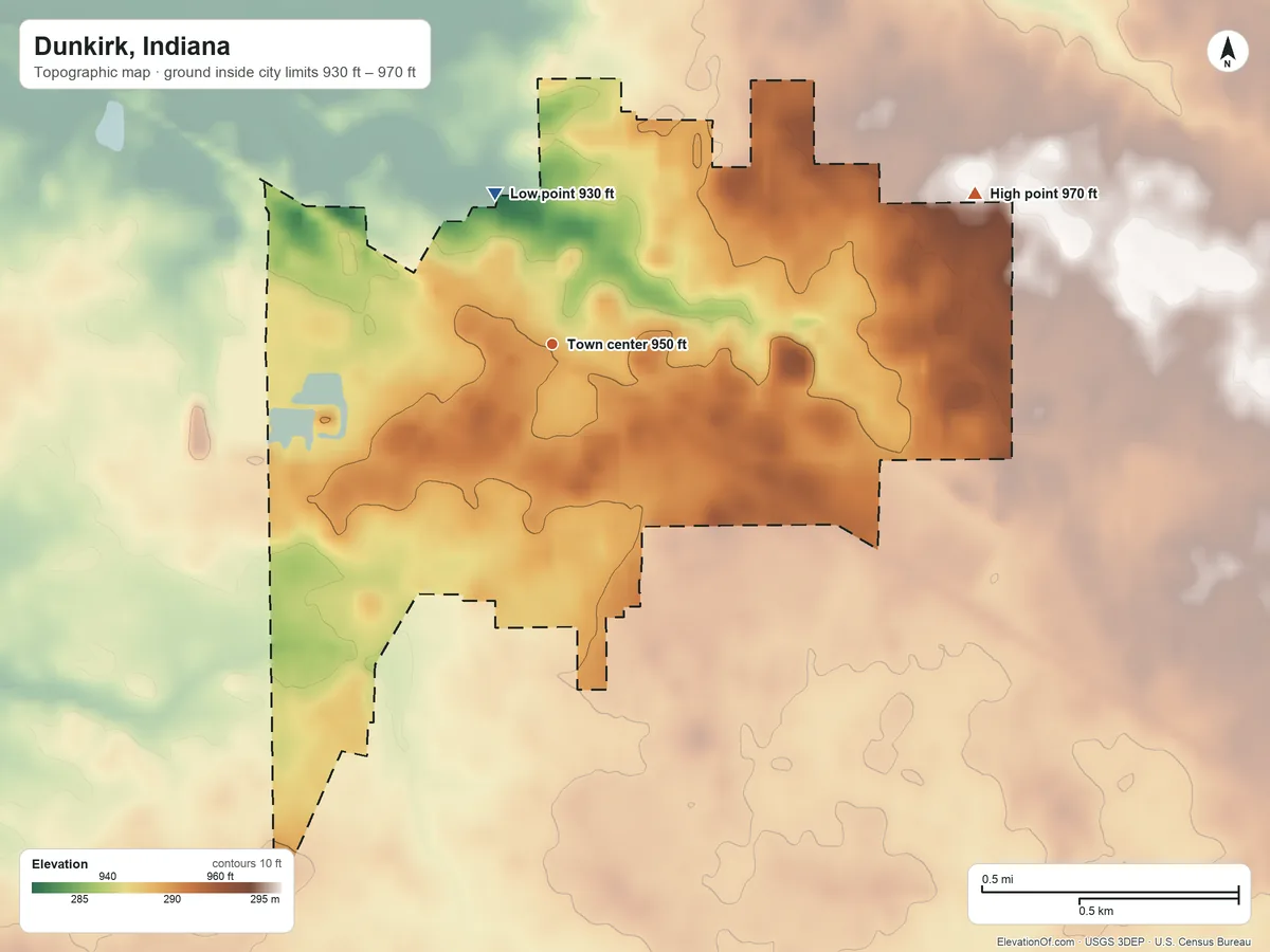 Topographic elevation map of Dunkirk, Indiana, shaded from 930 ft on the north side to 970 ft on the east side
