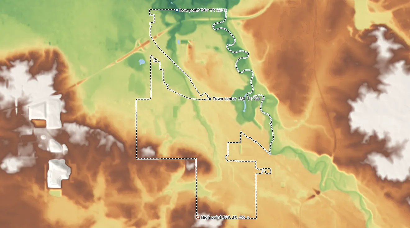 Topographic elevation map of Dunlap, Indiana, shaded from 740 ft on the north side to 830 ft on the south side