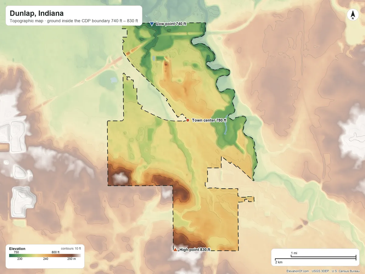 Topographic elevation map of Dunlap, Indiana, shaded from 740 ft on the north side to 830 ft on the south side