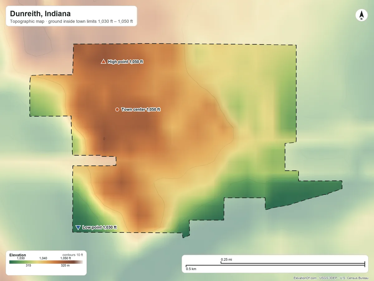 Topographic elevation map of Dunreith, Indiana, shaded from 1,030 ft on the south side to 1,050 ft on the north side