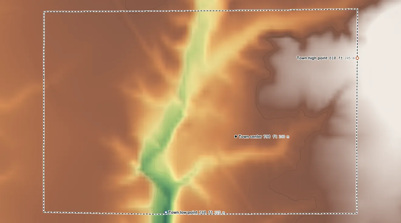 Topographic elevation map of Dupont, Indiana, shaded from 740 ft on the southwest side to 810 ft on the northeast side