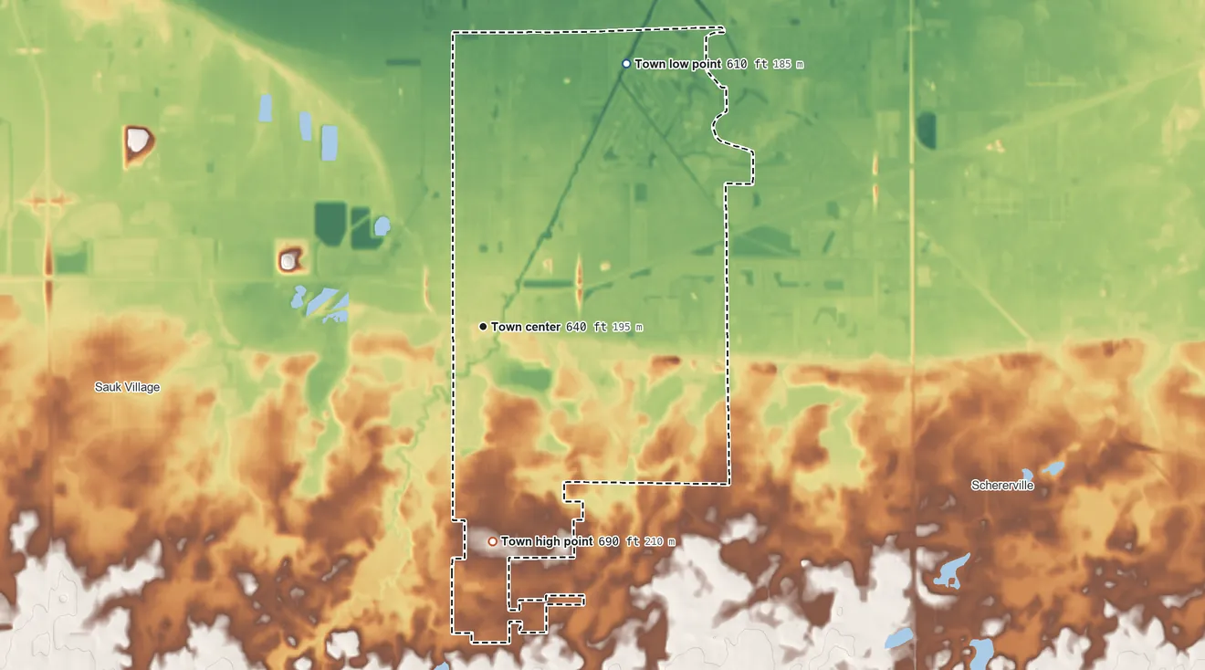 Topographic elevation map of Dyer, Indiana, shaded from 610 ft on the northeast side to 690 ft on the south side