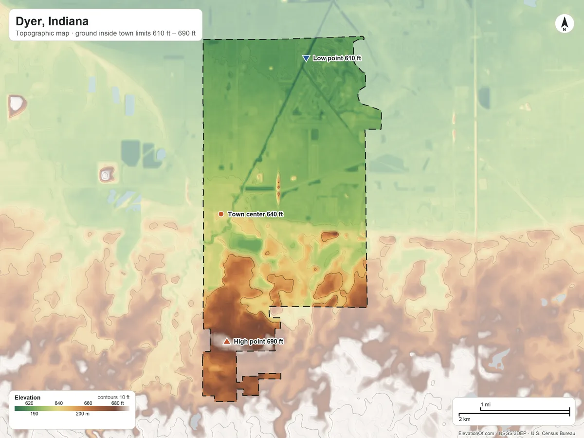 Topographic elevation map of Dyer, Indiana, shaded from 610 ft on the northeast side to 690 ft on the south side