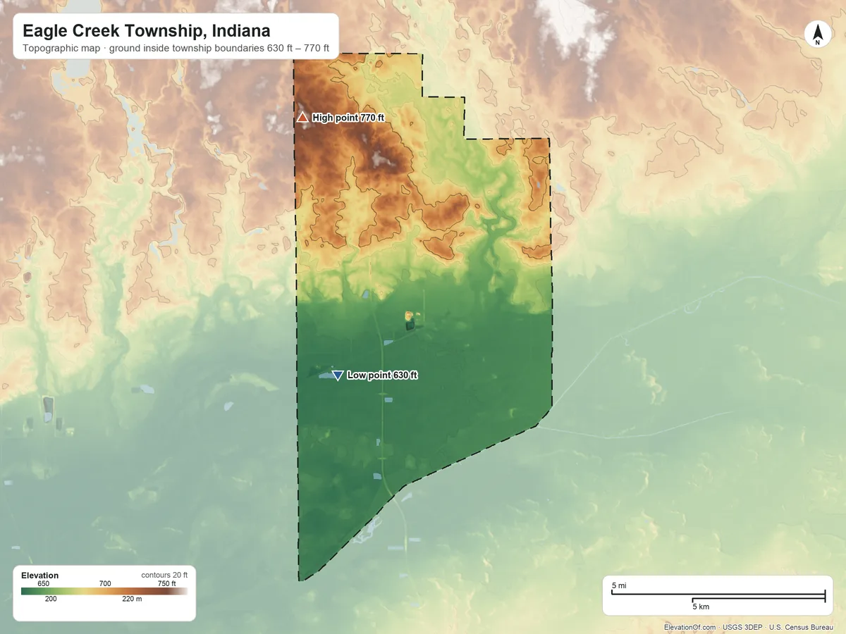 Topographic elevation map of Eagle Creek Township, Indiana, shaded from 630 ft on the southwest side to 770 ft on the northwest side