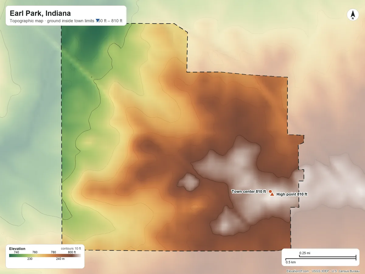 Topographic elevation map of Earl Park, Indiana, shaded from 730 ft on the northwest side to 810 ft near the middle