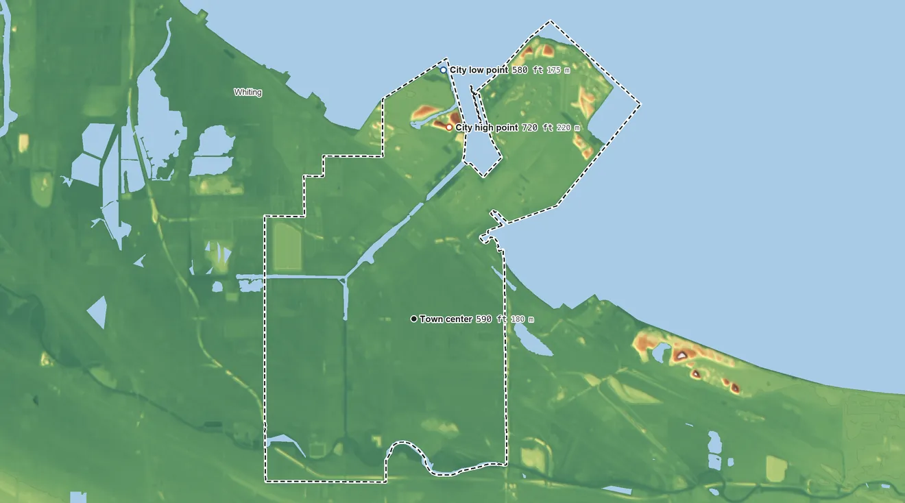 Topographic elevation map of East Chicago, Indiana, shaded from 580 ft on the north side to 720 ft on the north side