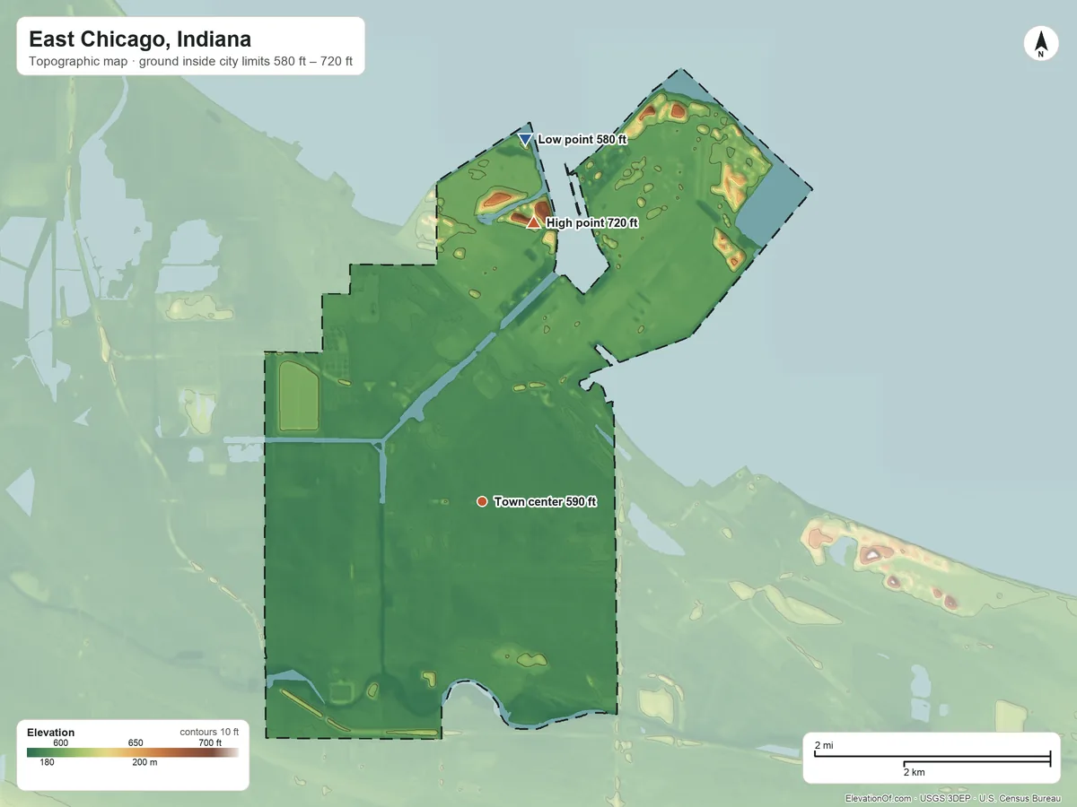 Topographic elevation map of East Chicago, Indiana, shaded from 580 ft on the north side to 720 ft on the north side