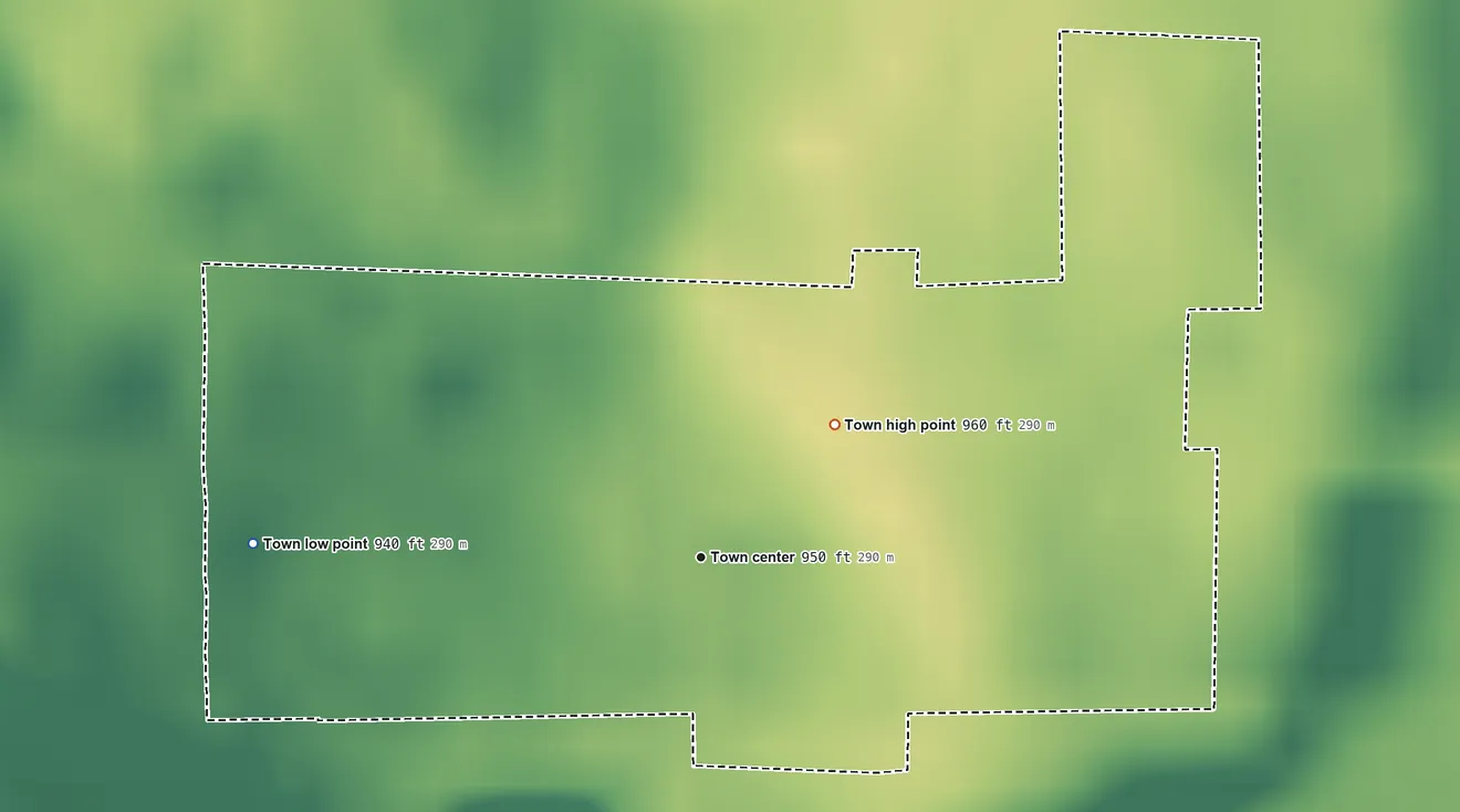Topographic elevation map of East Germantown, Indiana, shaded from 940 ft on the west side to 960 ft on the northeast side