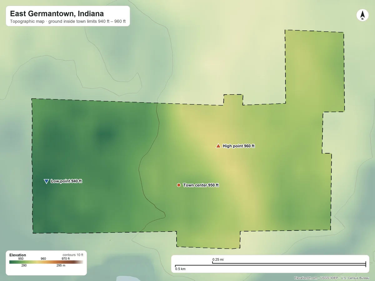 Topographic elevation map of East Germantown, Indiana, shaded from 940 ft on the west side to 960 ft on the northeast side