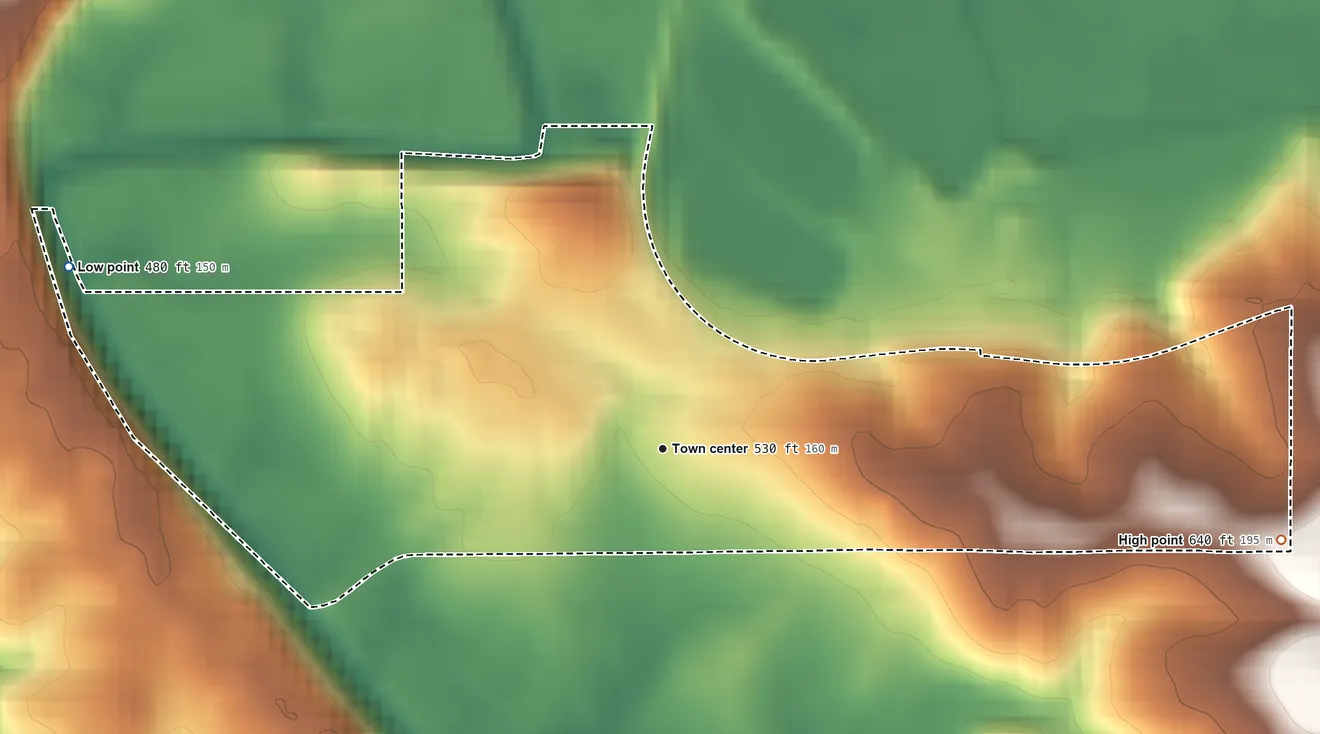 Topographic elevation map of East Oolitic, Indiana, shaded from 480 ft on the west side to 640 ft on the east side
