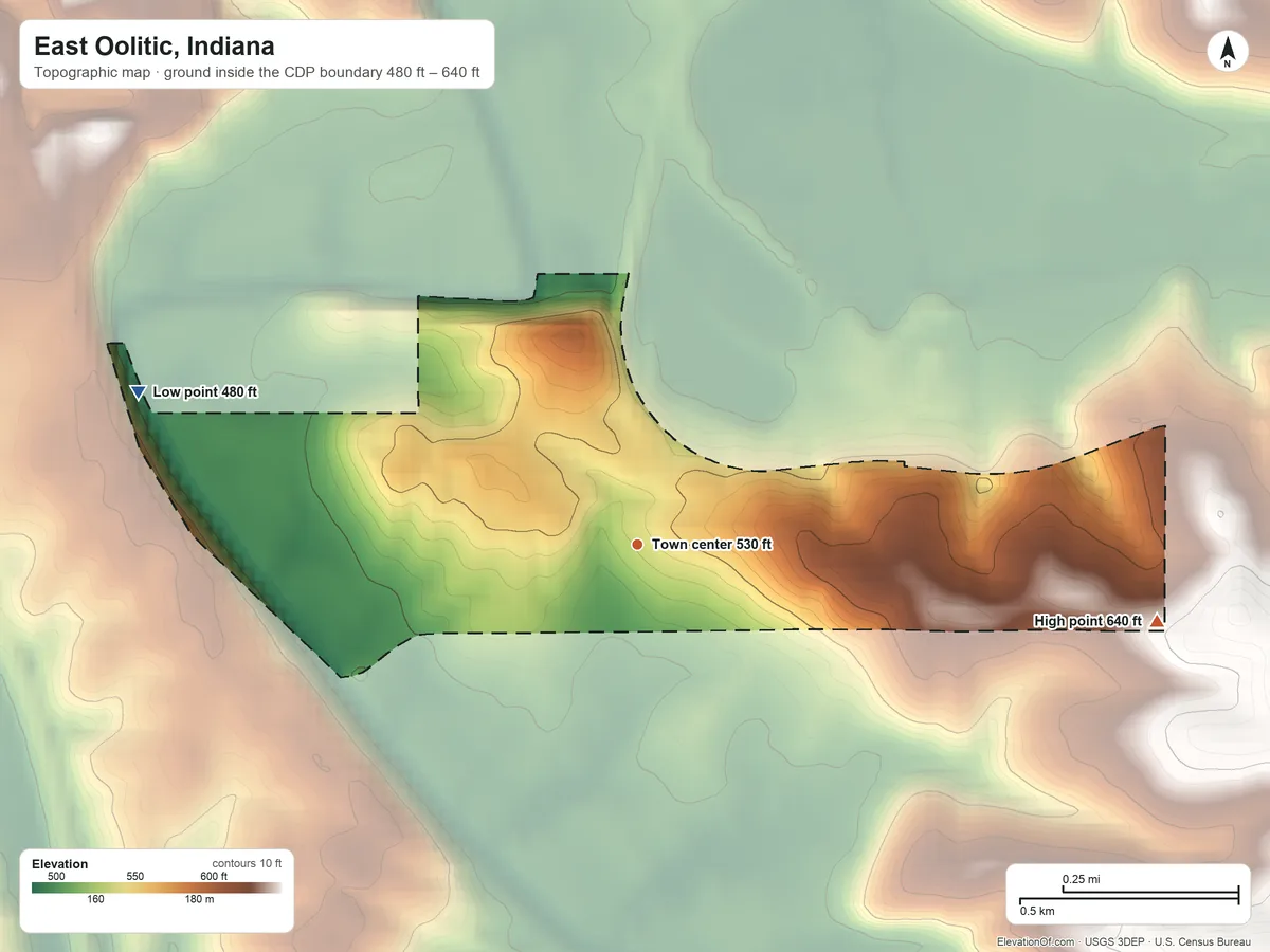Topographic elevation map of East Oolitic, Indiana, shaded from 480 ft on the west side to 640 ft on the east side