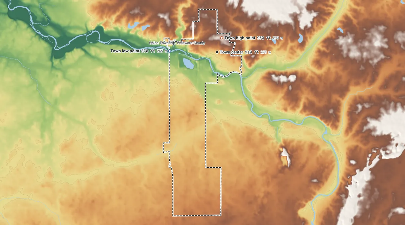 Topographic elevation map of Eaton, Indiana, shaded from 870 ft on the west side to 950 ft near the middle