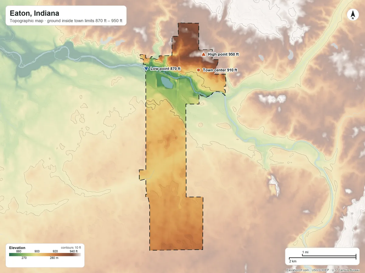 Topographic elevation map of Eaton, Indiana, shaded from 870 ft on the west side to 950 ft near the middle
