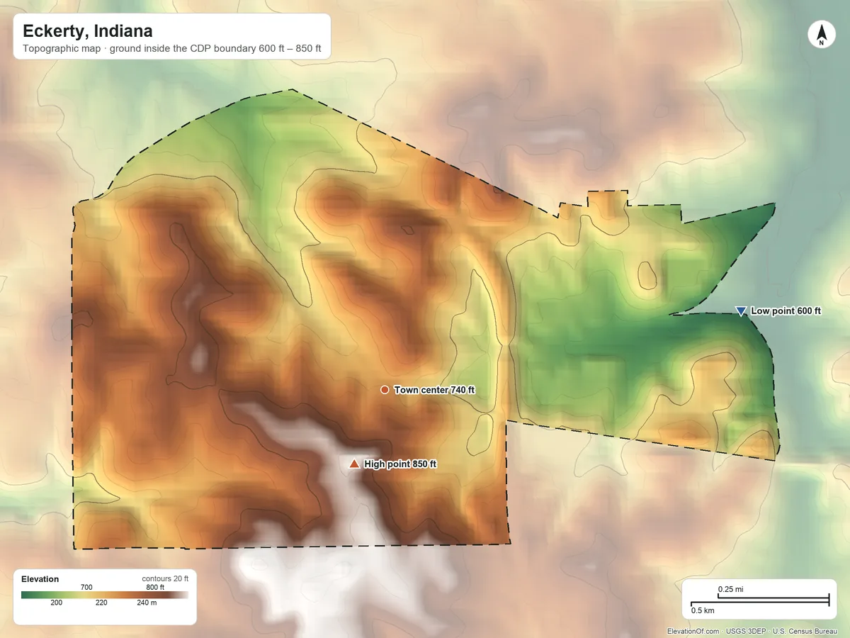 Topographic elevation map of Eckerty, Indiana, shaded from 600 ft on the east side to 850 ft near the middle