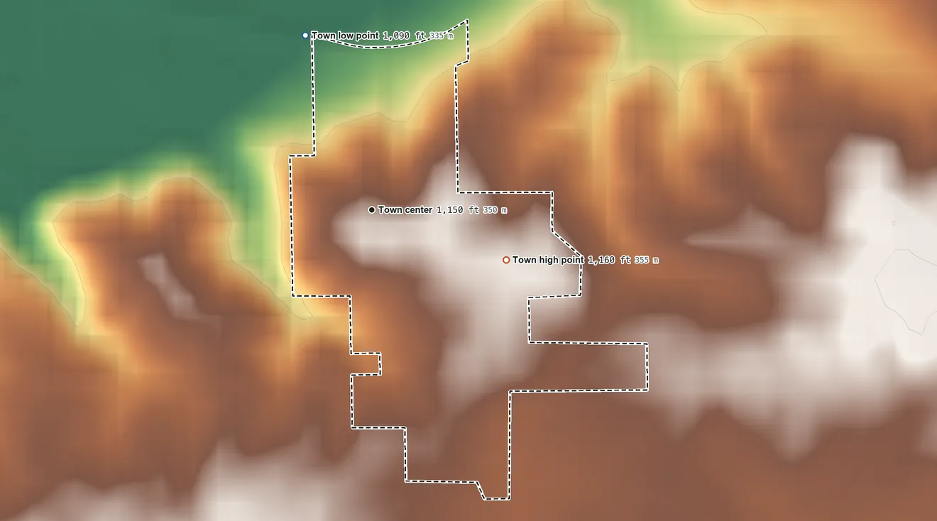 Topographic elevation map of Economy, Indiana, shaded from 1,090 ft on the north side to 1,160 ft on the east side