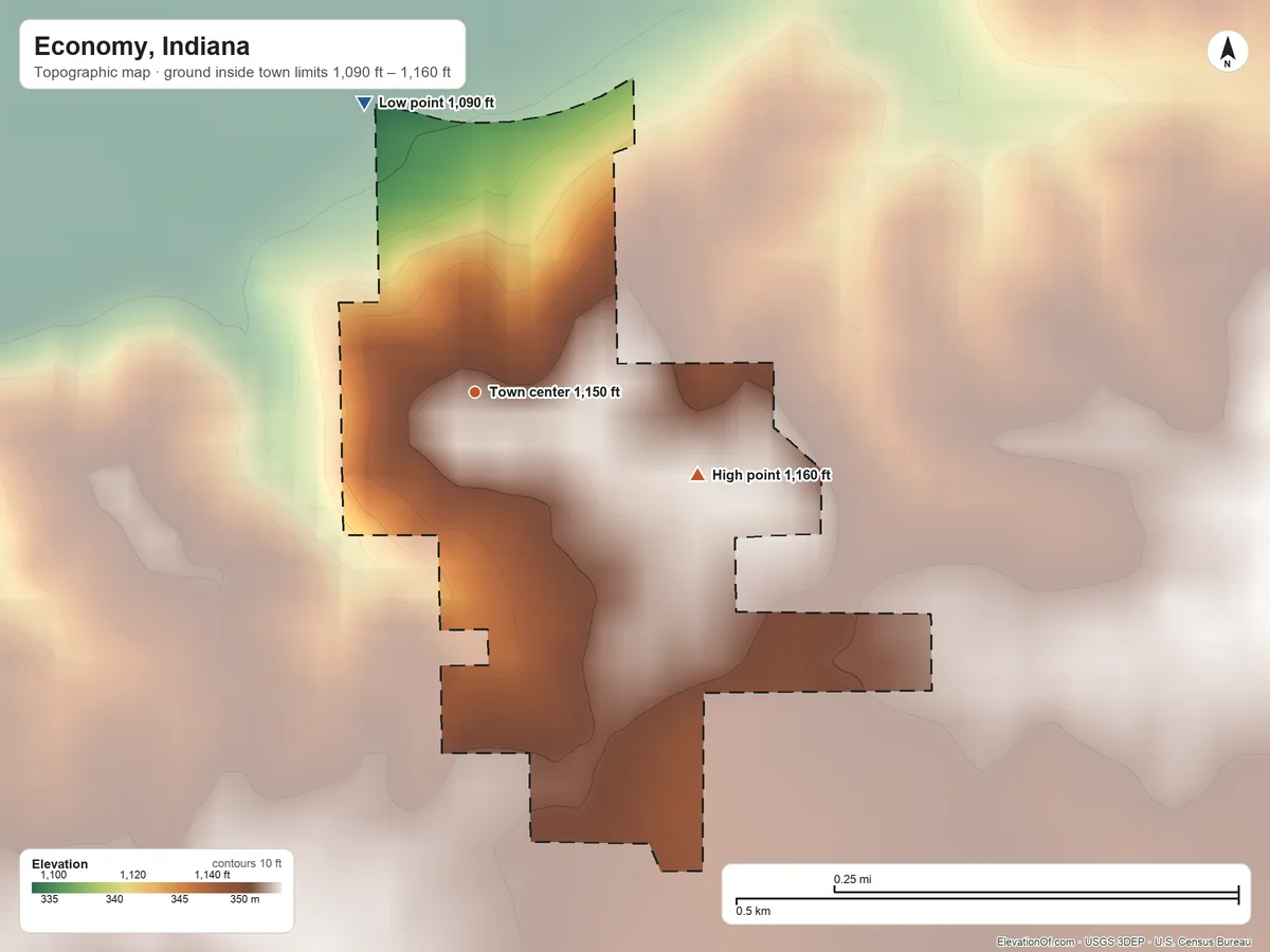 Topographic elevation map of Economy, Indiana, shaded from 1,090 ft on the north side to 1,160 ft on the east side
