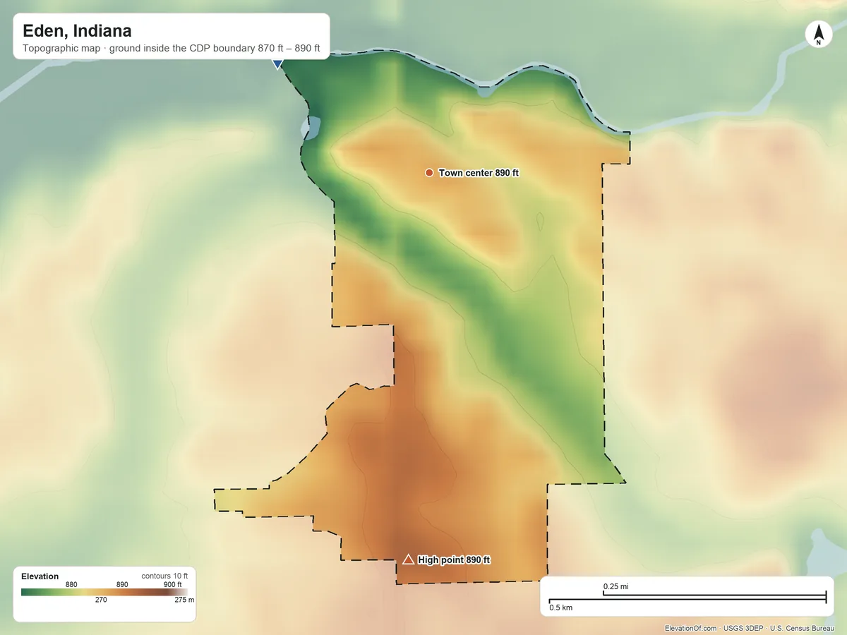 Topographic elevation map of Eden, Indiana, shaded from 870 ft on the northwest side to 890 ft on the south side