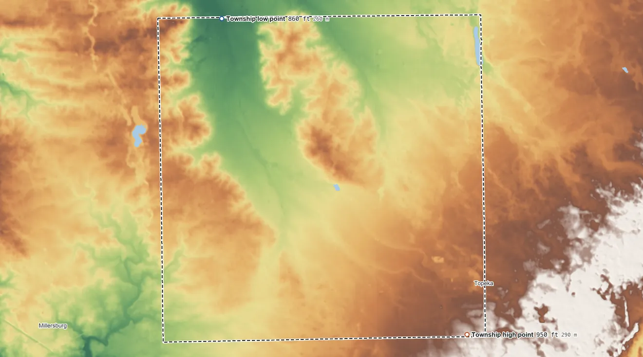 Topographic elevation map of Eden Township, Indiana, shaded from 860 ft on the northwest side to 950 ft on the southeast side