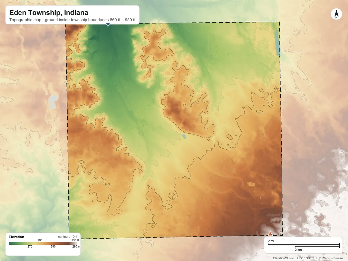Topographic elevation map of Eden Township, Indiana, shaded from 860 ft on the northwest side to 950 ft on the southeast side