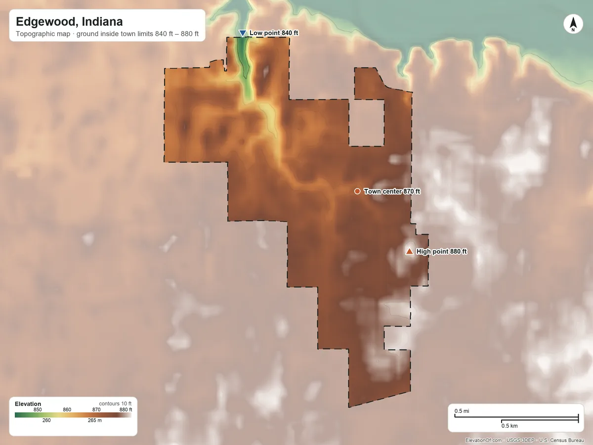 Topographic elevation map of Edgewood, Indiana, shaded from 840 ft on the northwest side to 880 ft on the southeast side