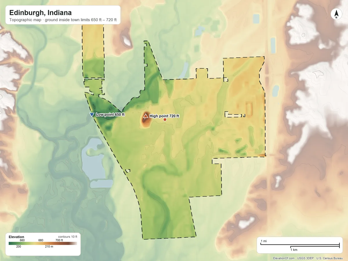 Topographic elevation map of Edinburgh, Indiana, shaded from 650 ft on the west side to 720 ft near the middle