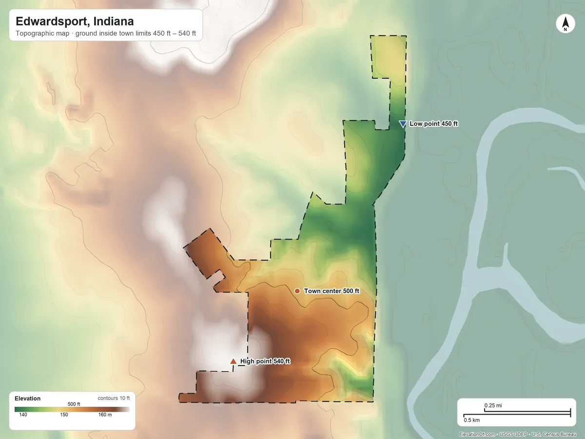 Topographic elevation map of Edwardsport, Indiana, shaded from 450 ft on the northeast side to 540 ft on the southwest side