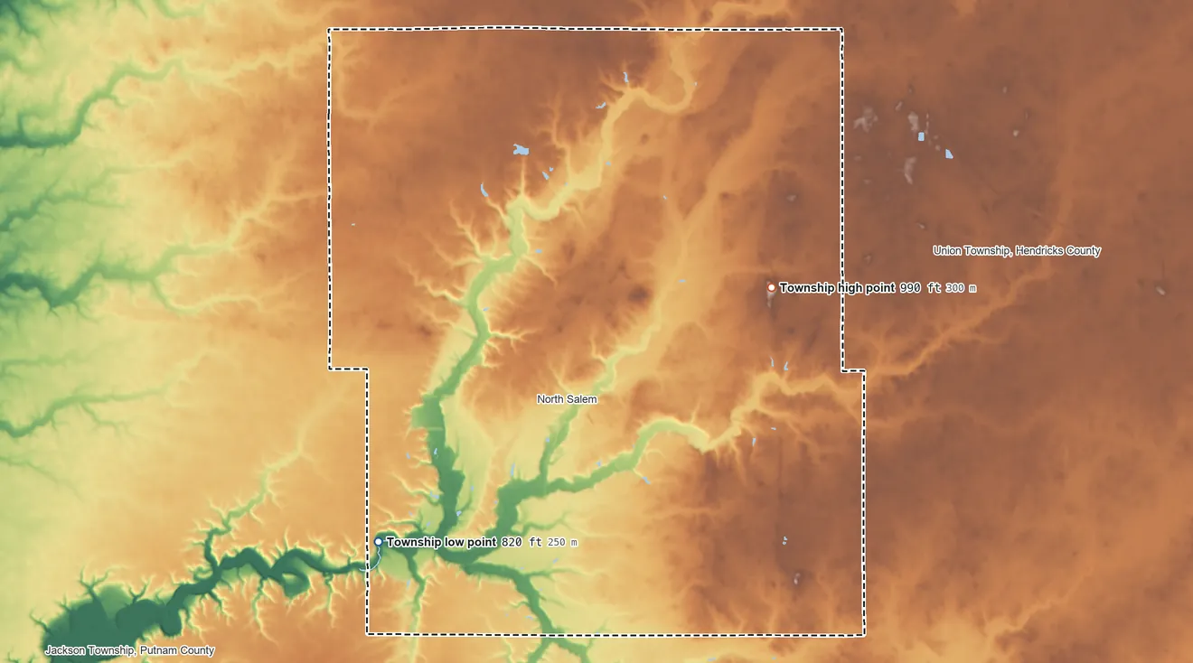 Topographic elevation map of Eel River Township, Hendricks County, Indiana, shaded from 820 ft on the southwest side to 990 ft on the northeast side