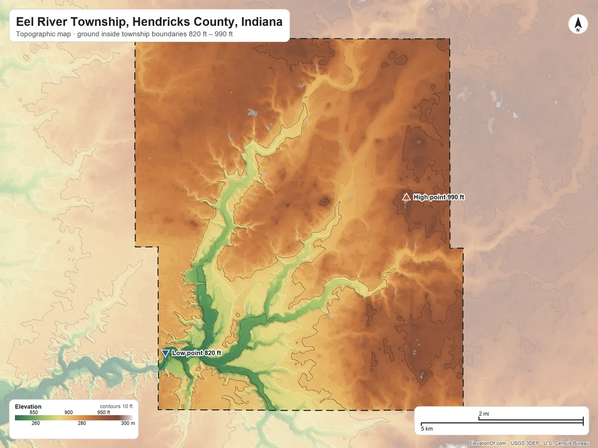 Topographic elevation map of Eel River Township, Hendricks County, Indiana, shaded from 820 ft on the southwest side to 990 ft on the northeast side