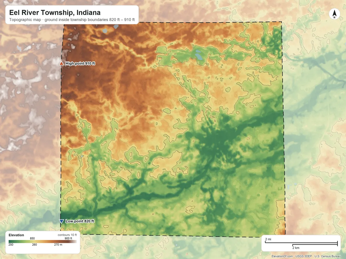 Topographic elevation map of Eel River Township, Indiana, shaded from 820 ft on the southwest side to 910 ft on the northwest side