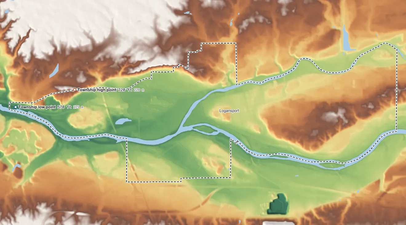 Topographic elevation map of Eel Township, Indiana, shaded from 570 ft on the west side to 720 ft on the west side