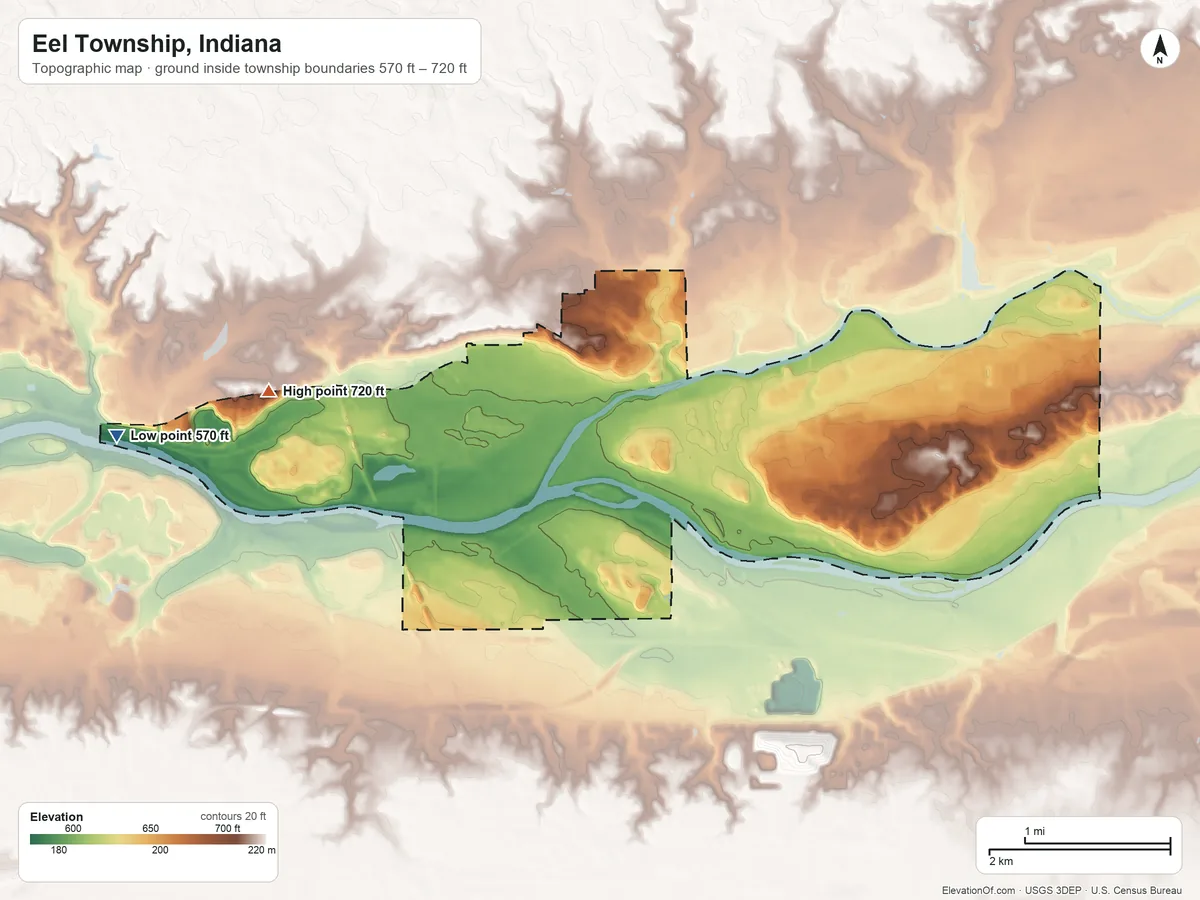 Topographic elevation map of Eel Township, Indiana, shaded from 570 ft on the west side to 720 ft on the west side