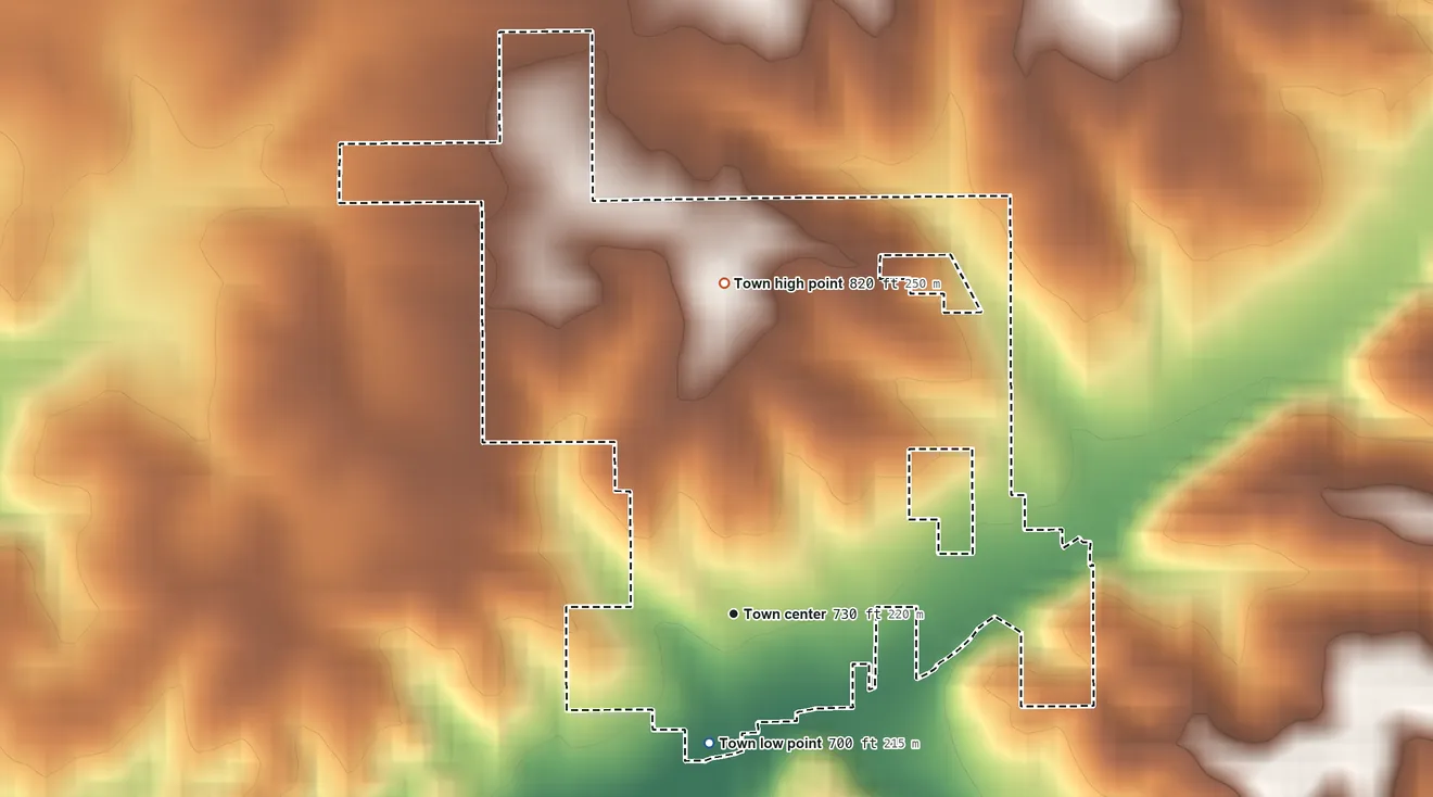 Topographic elevation map of Elizabeth, Indiana, shaded from 700 ft on the south side to 820 ft on the north side