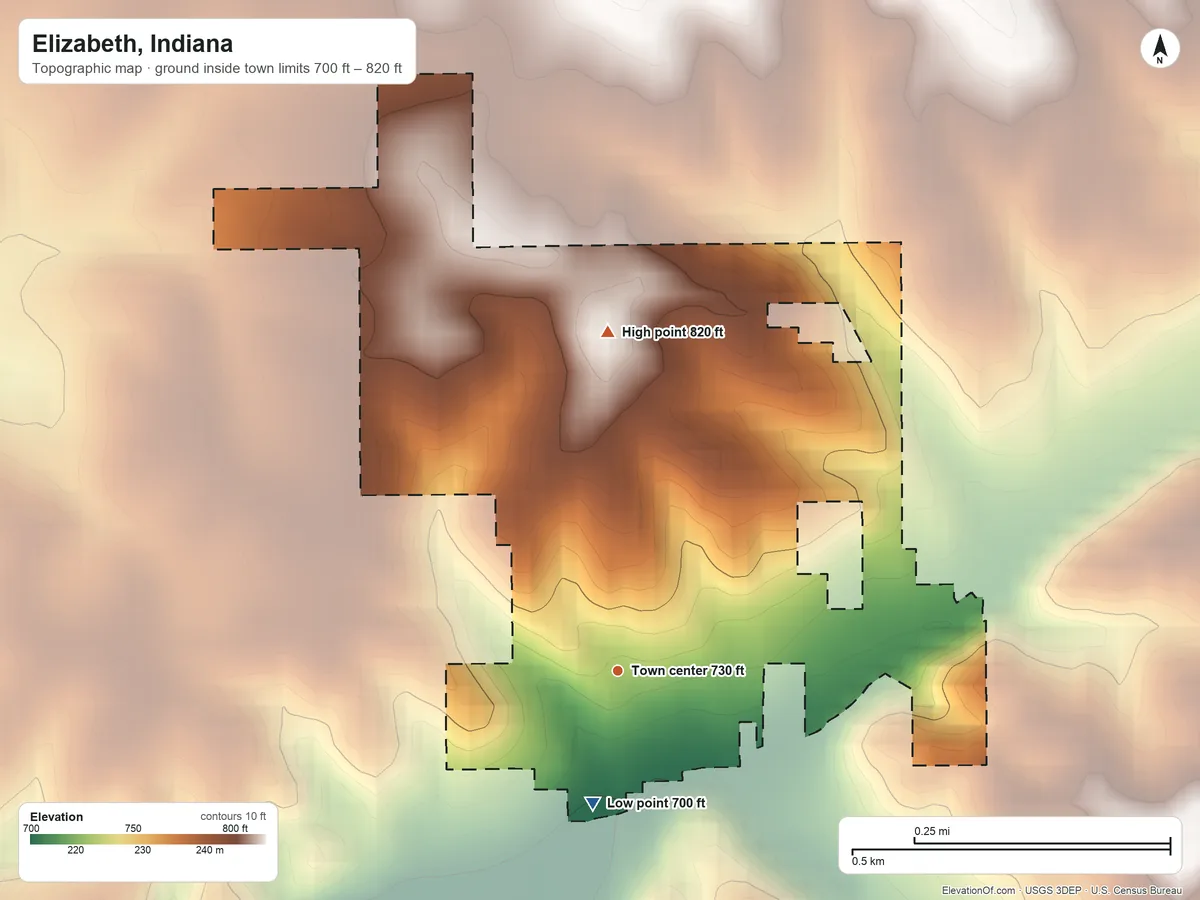 Topographic elevation map of Elizabeth, Indiana, shaded from 700 ft on the south side to 820 ft on the north side