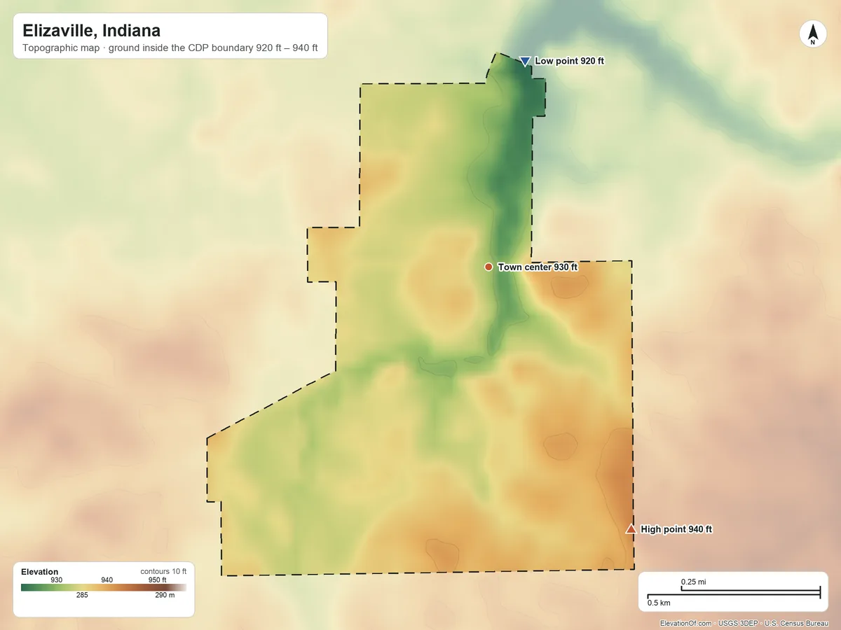 Topographic elevation map of Elizaville, Indiana, shaded from 920 ft on the north side to 940 ft on the southeast side